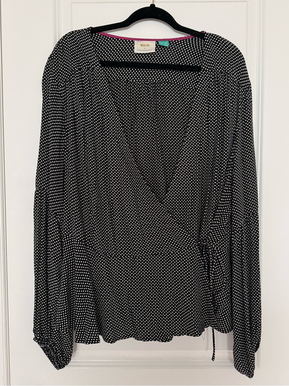 Maeve by Anthropology Black and White Polka Dot Wrap-Style Blouse